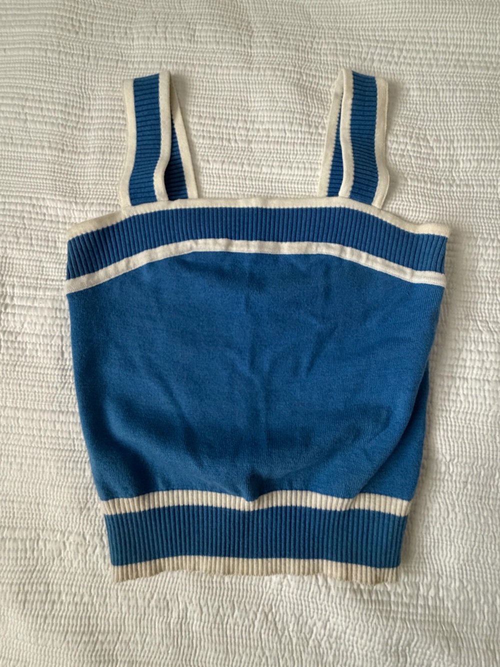 Blue Knit Sweater Top with Ivory Trim